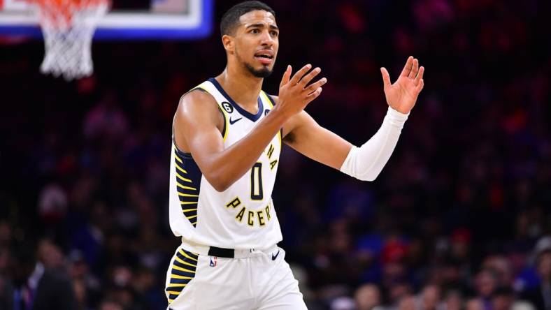 Oct 24, 2022; Philadelphia, Pennsylvania, USA; Indiana Pacers guard Tyrese Haliburton (0) reacts against the Philadelphia 76ers in the first quarter at Wells Fargo Center. Mandatory Credit: Kyle Ross-USA TODAY Sports