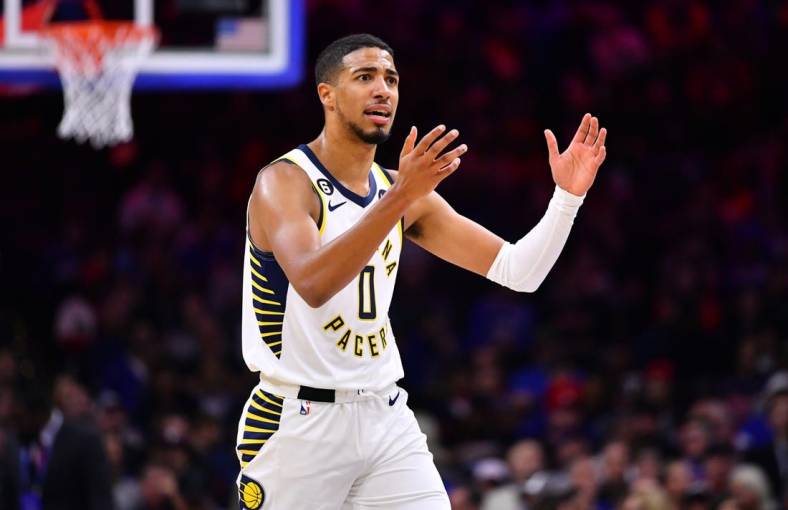 Oct 24, 2022; Philadelphia, Pennsylvania, USA; Indiana Pacers guard Tyrese Haliburton (0) reacts against the Philadelphia 76ers in the first quarter at Wells Fargo Center. Mandatory Credit: Kyle Ross-USA TODAY Sports