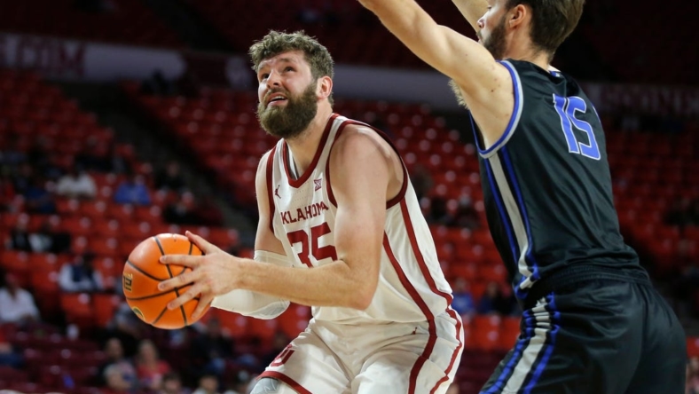 Oklahoma's Tanner Groves (35) looks to take a shot beside OCU's Jack McWilliams during a college basketball exhibition game between the University of Oklahoma Sooners (OU) and the Oklahoma City University Starts (OCU) at Loyd Noble Center in Norman, Okla., Tuesday, Oct. 25, 2022.

Ou Men S Basketball
