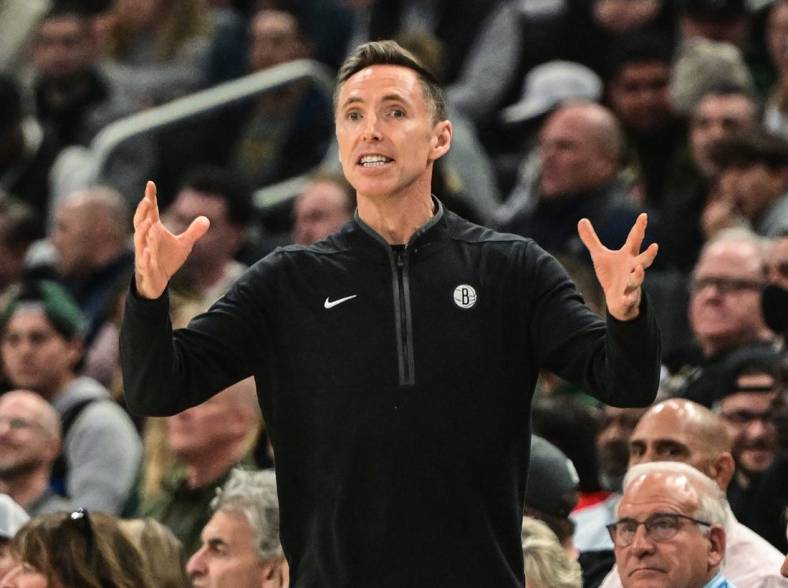 Oct 26, 2022; Milwaukee, Wisconsin, USA; Brooklyn Nets head coach Steve Nash calls a play in the second quarter during game against the Milwaukee Bucks at Fiserv Forum. Mandatory Credit: Benny Sieu-USA TODAY Sports