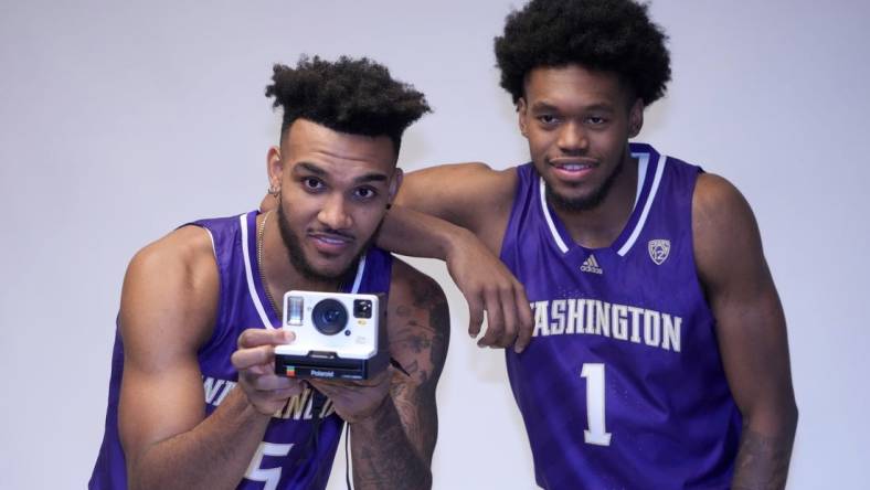 Oct 26, 2022; San Francisco, CA, USA; Washington Huskies guard Jamal Bey (5) poses with forward Keion Brooks Jr. (1) during Pac-12 Media Day at Pac-12 Network Studios. Mandatory Credit: Kirby Lee-USA TODAY Sports