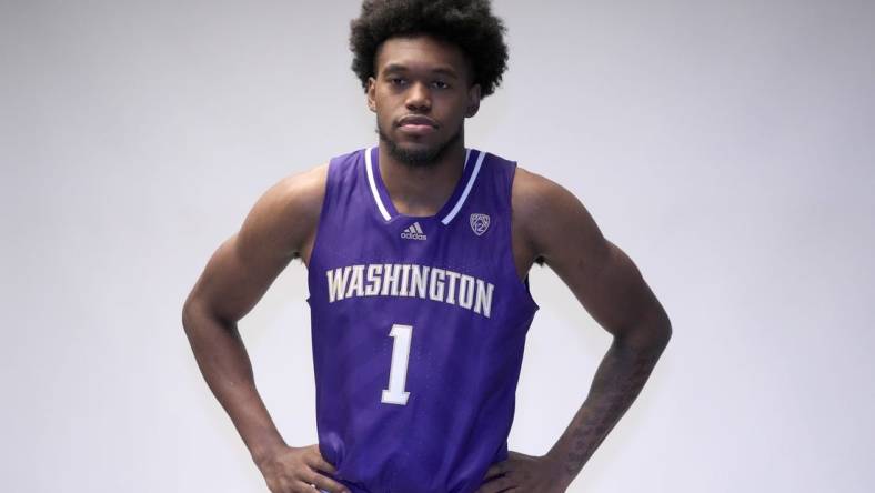 Oct 26, 2022; San Francisco, CA, USA; Washington Huskies h forward Keion Brooks Jr. (1) poses during Pac-12 Media Day at Pac-12 Network Studios. Mandatory Credit: Kirby Lee-USA TODAY Sports