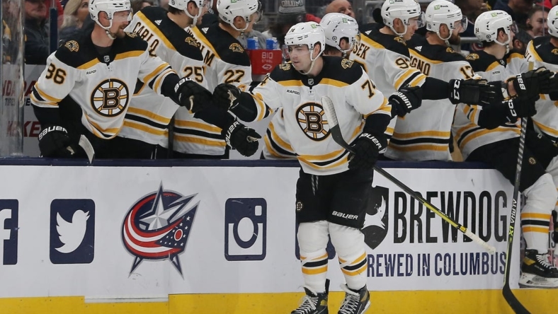 Oct 28, 2022; Columbus, Ohio, USA; Boston Bruins left wing Jake DeBrusk (74) celebrates a goal during the second period against the Columbus Blue Jackets at Nationwide Arena. Mandatory Credit: Russell LaBounty-USA TODAY Sports