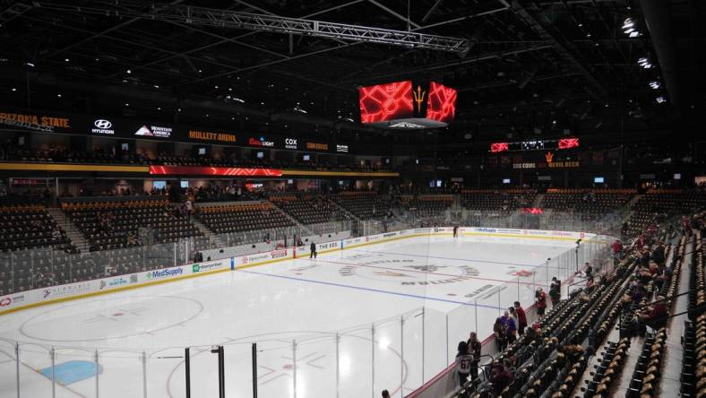 Oct 28, 2022; Tempe, Arizona, USA; A general view prior to the game between the Arizona Coyotes and the Winnipeg Jets at Mullett Arena. Mandatory Credit: Joe Camporeale-USA TODAY Sports