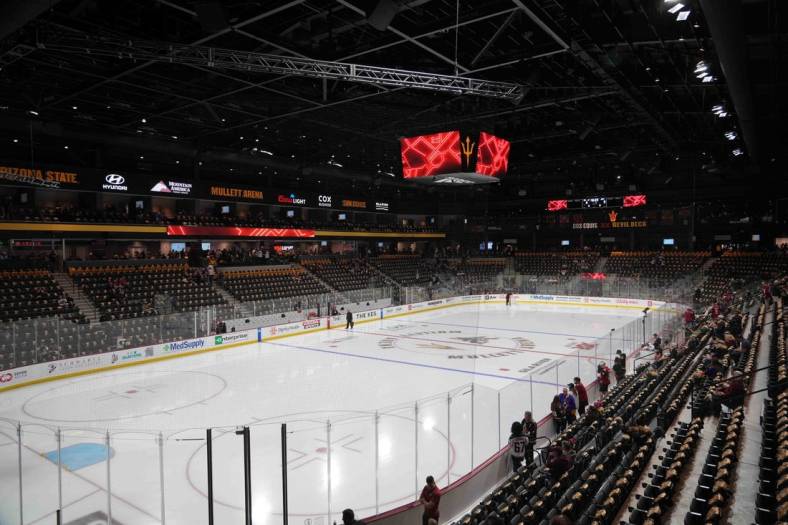 Oct 28, 2022; Tempe, Arizona, USA; A general view prior to the game between the Arizona Coyotes and the Winnipeg Jets at Mullett Arena. Mandatory Credit: Joe Camporeale-USA TODAY Sports