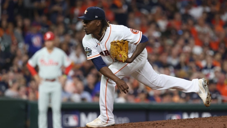Oct 28, 2022; Houston, Texas, USA; Houston Astros relief pitcher Rafael Montero (47) throws a pitch against the Philadelphia Phillies during the eighth inning in game one of the 2022 World Series at Minute Maid Park. Mandatory Credit: Troy Taormina-USA TODAY Sports