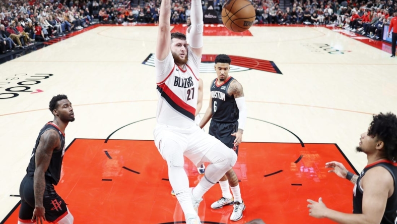 Oct 28, 2022; Portland, Oregon, USA; Portland Trail Blazers center Jusuf Nurkic (27) dunks the ball during the second half against the Houston Rockets at Moda Center. Mandatory Credit: Soobum Im-USA TODAY Sports