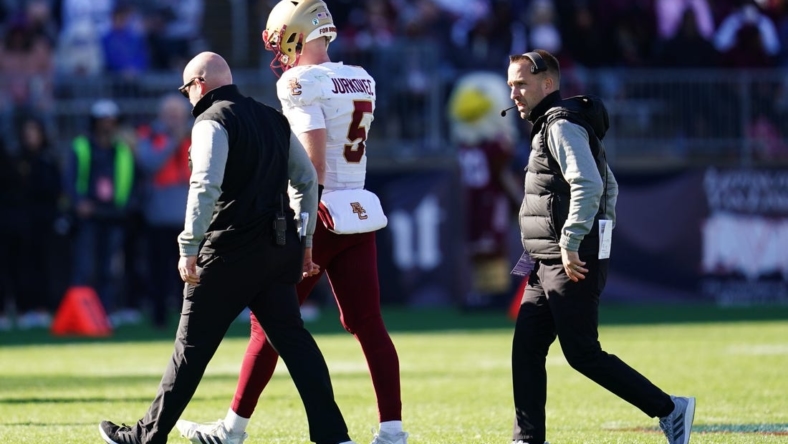 Oct 29, 2022; East Hartford, Connecticut, USA; Boston College Eagles quarterback Phil Jurkovec (5) walks off the field after a play against the Connecticut Huskies in the second half at Rentschler Field at Pratt & Whitney Stadium. Mandatory Credit: David Butler II-USA TODAY Sports