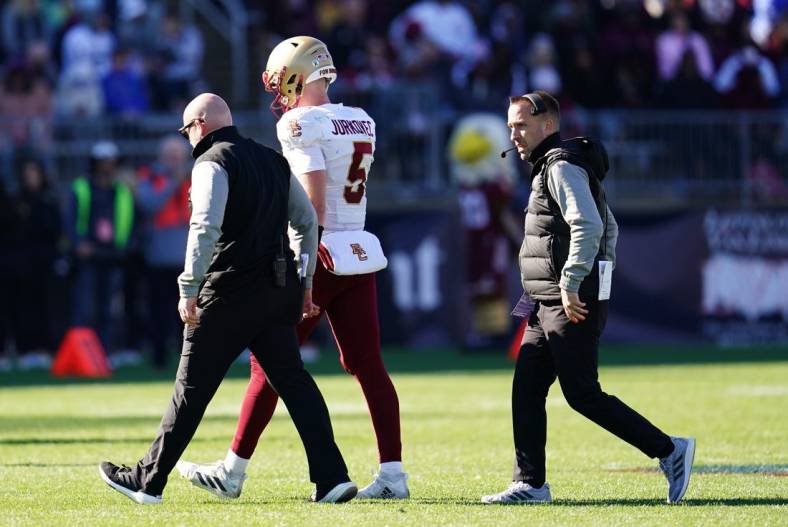 Oct 29, 2022; East Hartford, Connecticut, USA; Boston College Eagles quarterback Phil Jurkovec (5) walks off the field after a play against the Connecticut Huskies in the second half at Rentschler Field at Pratt & Whitney Stadium. Mandatory Credit: David Butler II-USA TODAY Sports