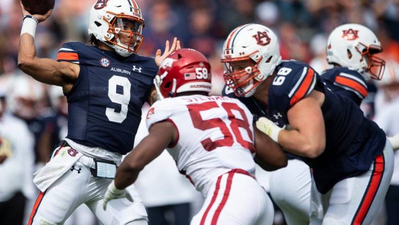 Auburn Tigers quarterback Robby Ashford (9) throws the ball as the Auburn Tigers take on Arkansas Razorbacks at Jordan-Hare Stadium in Auburn, Ala., on Saturday, Oct. 29, 2022. Arkansas Razorbacks defeated Auburn Tigers 41-27.