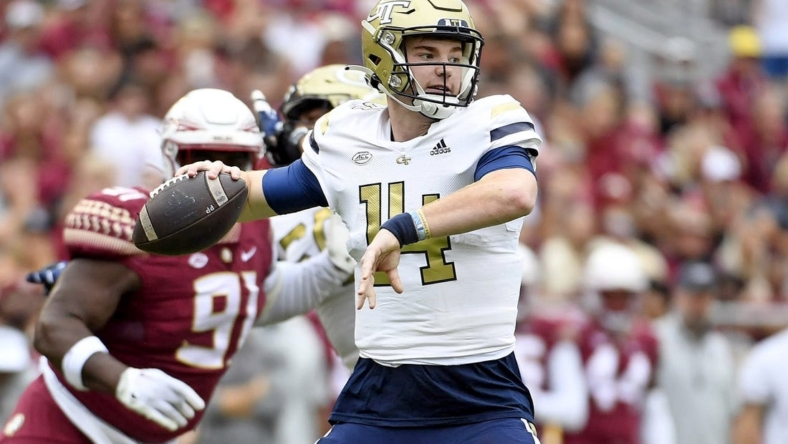 Oct 29, 2022; Tallahassee, Florida, USA; Georgia Tech Yellow Jackets quarterback Zach Pyron (14) looks to throw during the second half against the Florida State Seminoles  at Doak S. Campbell Stadium. Mandatory Credit: Melina Myers-USA TODAY Sports