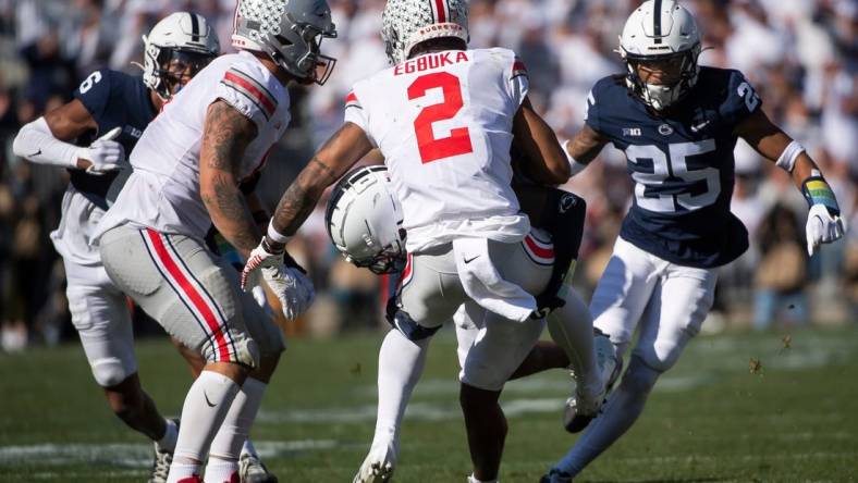 Penn State's Kalen King drops Ohio State running back Emeka Egbuka (2) in the backfield for a 2-yard loss in the second quarter at Beaver Stadium on Saturday, Oct. 29, 2022, in State College.

Hes Dr 102922 Psuosu