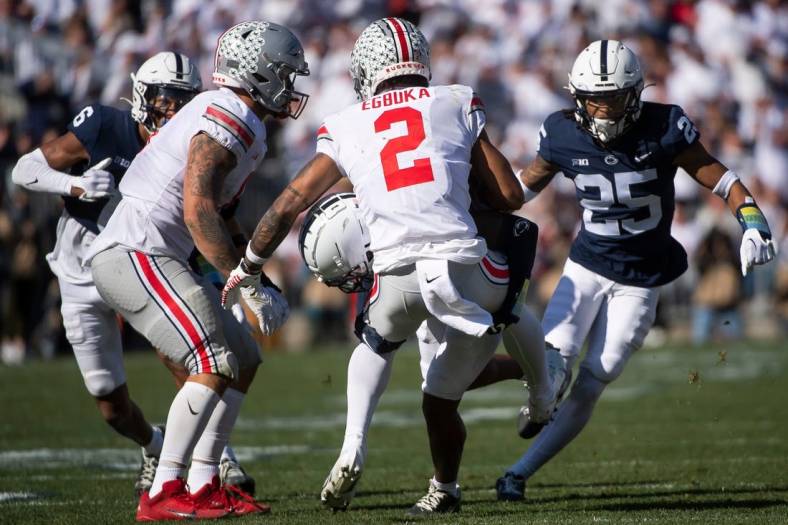 Penn State's Kalen King drops Ohio State running back Emeka Egbuka (2) in the backfield for a 2-yard loss in the second quarter at Beaver Stadium on Saturday, Oct. 29, 2022, in State College.

Hes Dr 102922 Psuosu
