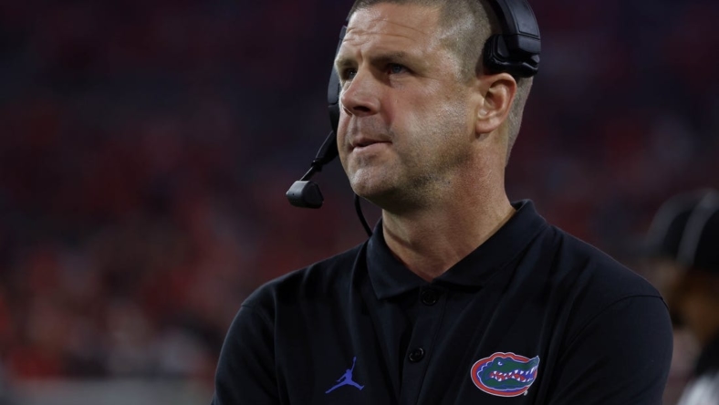 Oct 29, 2022; Jacksonville, Florida, USA; Florida Gators head coach Billy Napier looks on against the Georgia Bulldogs during the second half at TIAA Bank Field. Mandatory Credit: Kim Klement-USA TODAY Sports