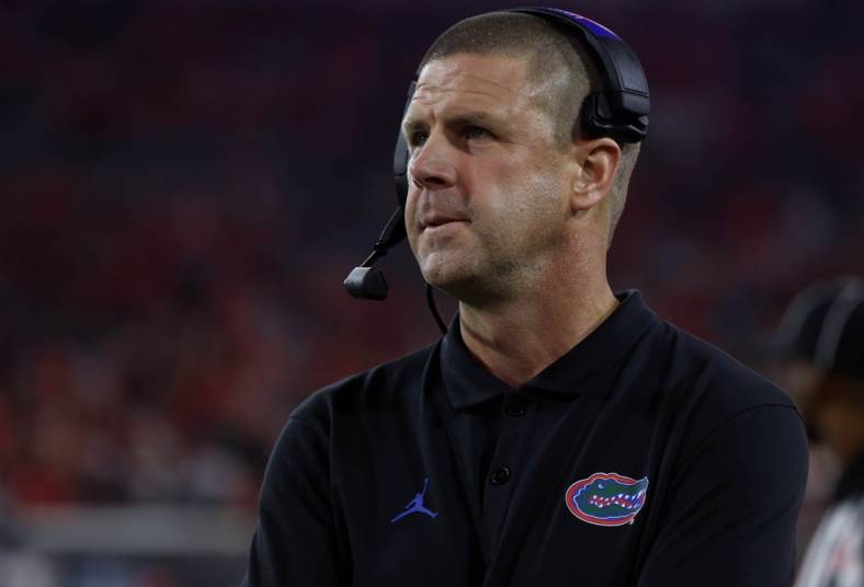 Oct 29, 2022; Jacksonville, Florida, USA; Florida Gators head coach Billy Napier looks on against the Georgia Bulldogs during the second half at TIAA Bank Field. Mandatory Credit: Kim Klement-USA TODAY Sports