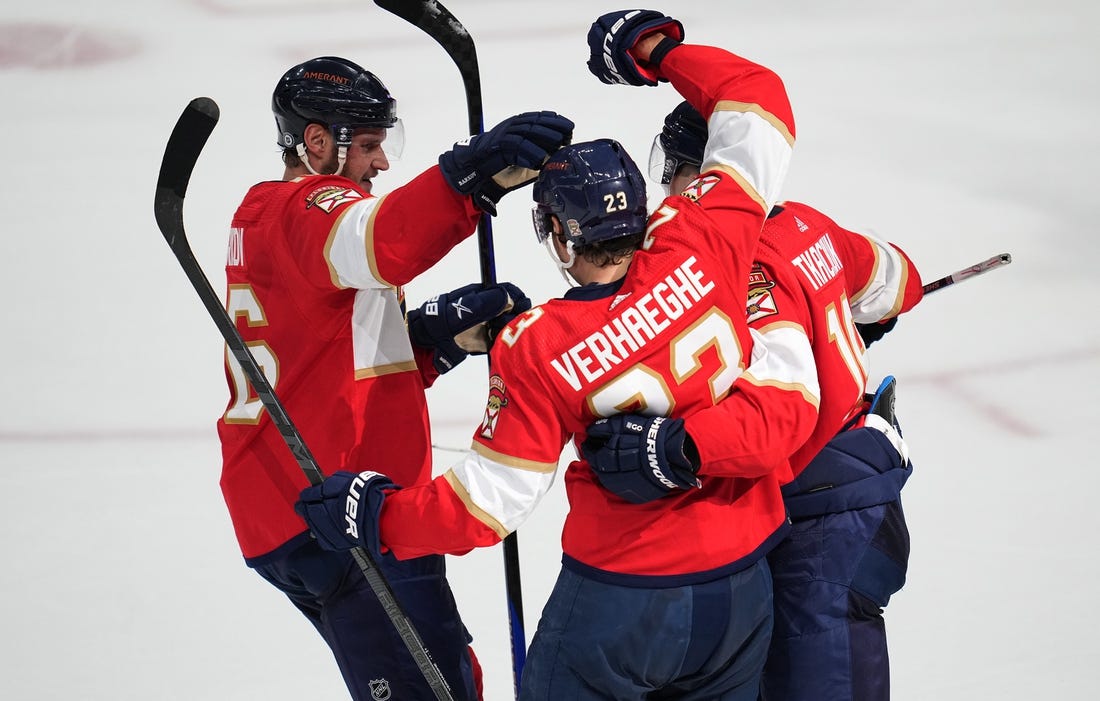 Florida Panthers center Aleksander Barkov (16) looks up after scoring a  goal during the third period of an NHL hockey game against the San Jose  Sharks, Saturday, Jan. 29, 2022, in Sunrise