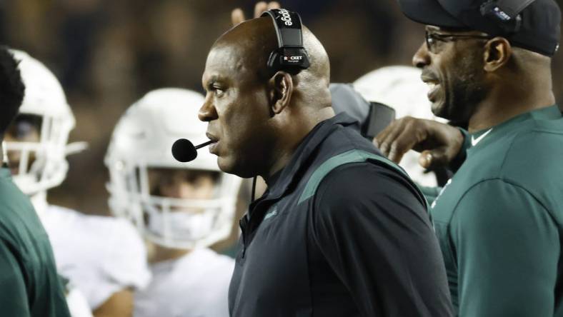 Oct 29, 2022; Ann Arbor, Michigan, USA; Michigan State Spartans head coach Mel Tucker on the sideline in the first half against the Michigan Wolverines at Michigan Stadium. Mandatory Credit: Rick Osentoski-USA TODAY Sports