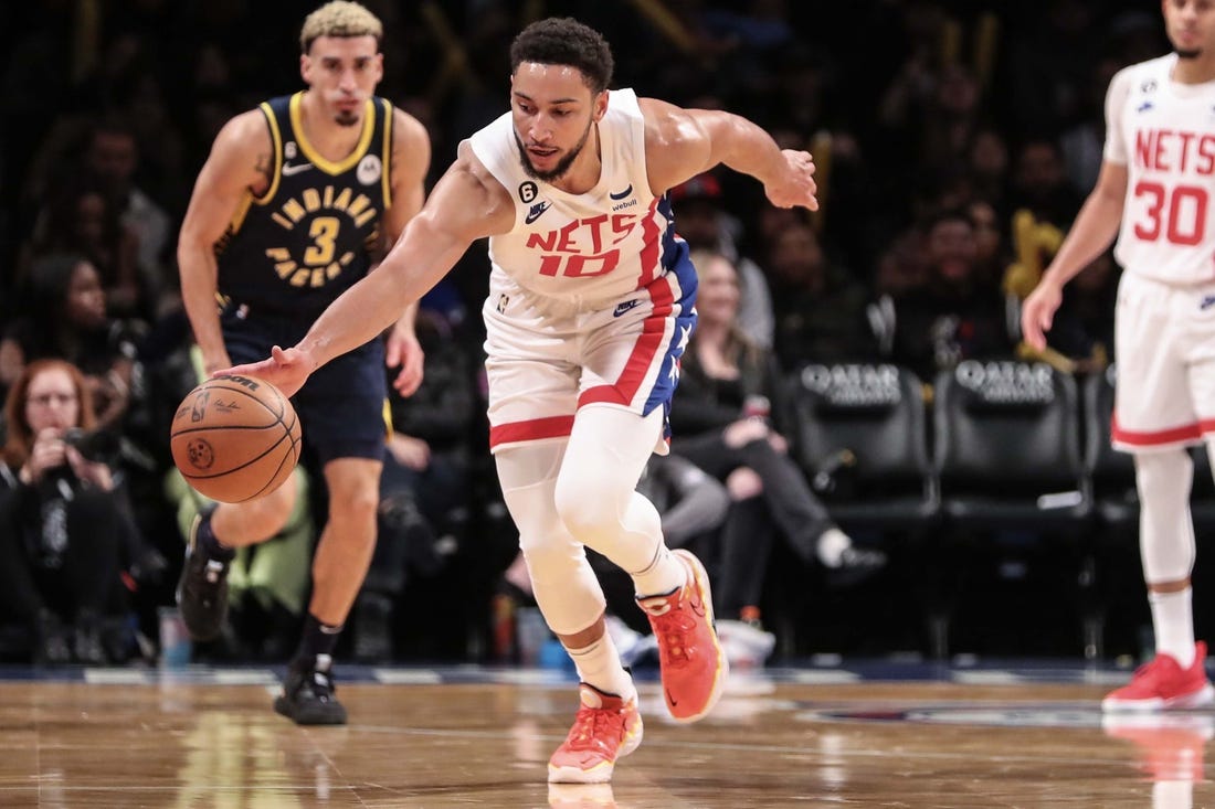 Oct 29, 2022; Brooklyn, New York, USA;  Brooklyn Nets guard Ben Simmons (10) chases a loose ball against the Indiana Pacers in the third quarter at Barclays Center. Mandatory Credit: Wendell Cruz-USA TODAY Sports