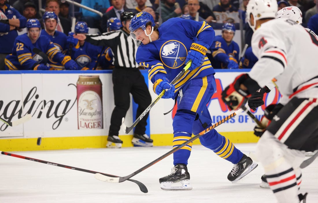 Oct 29, 2022; Buffalo, New York, USA; Buffalo Sabres right wing Tage Thompson (72) takes a shot on goal during the second period against the Chicago Blackhawks at KeyBank Center. Mandatory Credit: Timothy T. Ludwig-USA TODAY Sports