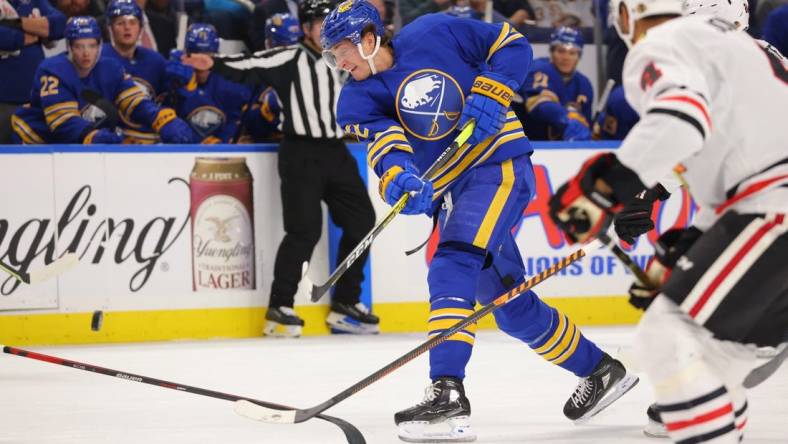 Oct 29, 2022; Buffalo, New York, USA; Buffalo Sabres right wing Tage Thompson (72) takes a shot on goal during the second period against the Chicago Blackhawks at KeyBank Center. Mandatory Credit: Timothy T. Ludwig-USA TODAY Sports