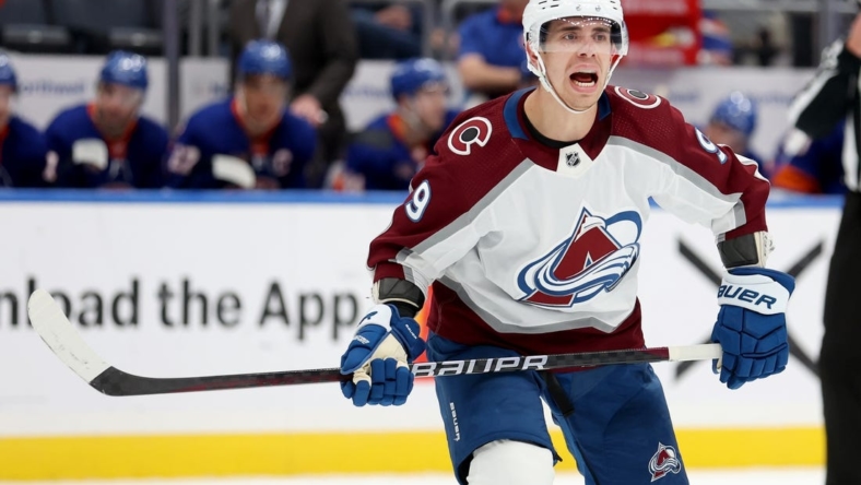 Oct 29, 2022; Elmont, New York, USA; Colorado Avalanche center Evan Rodrigues (9) reacts during the third period against the New York Islanders at UBS Arena. Mandatory Credit: Brad Penner-USA TODAY Sports