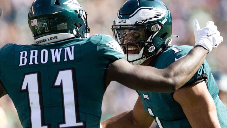 Oct 30, 2022; Philadelphia, Pennsylvania, USA; Philadelphia Eagles quarterback Jalen Hurts (1) celebrates with wide receiver A.J. Brown (11) after a touchdown connection against the Pittsburgh Steelers during the second quarter at Lincoln Financial Field. Mandatory Credit: Bill Streicher-USA TODAY Sports