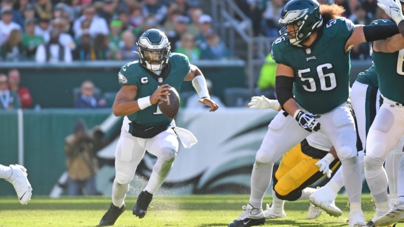 Oct 30, 2022; Philadelphia, Pennsylvania, USA; Philadelphia Eagles quarterback Jalen Hurts (1) runs with the football against the Pittsburgh Steelers during the third quarter at Lincoln Financial Field. Mandatory Credit: Eric Hartline-USA TODAY Sports