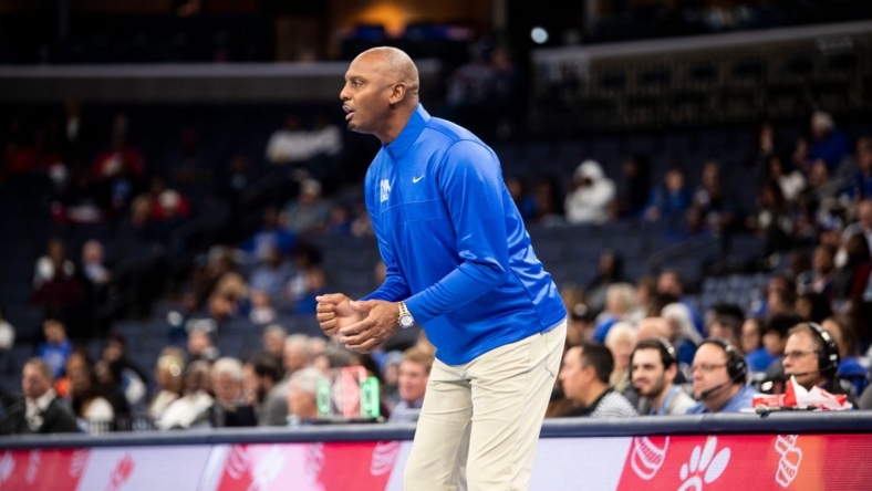 Memphis Tigers basketball head coach Penny Hardaway coaches against Lane College on Oct. 30, 2022 at the Fedex Forum in Memphis.
