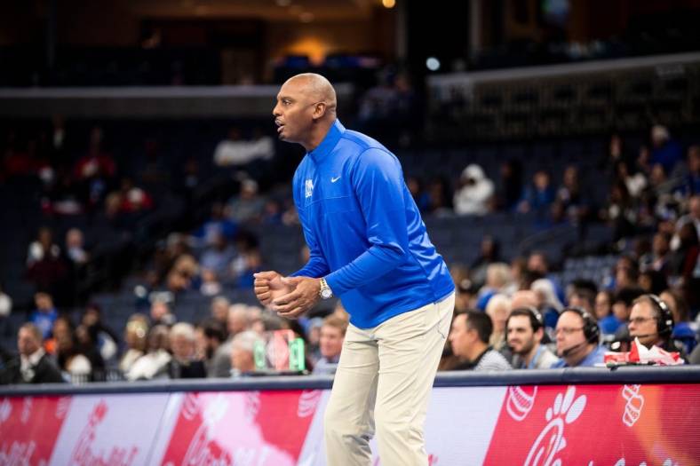 Memphis Tigers basketball head coach Penny Hardaway coaches against Lane College on Oct. 30, 2022 at the Fedex Forum in Memphis.