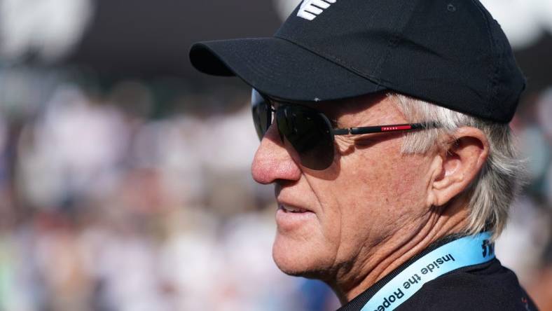 Oct 30, 2022; Miami, Florida, USA; Greg Norman the LIV Golf CEO watches during the final round of the season finale of the LIV Golf series at Trump National Doral. Mandatory Credit: Jasen Vinlove-USA TODAY Sports