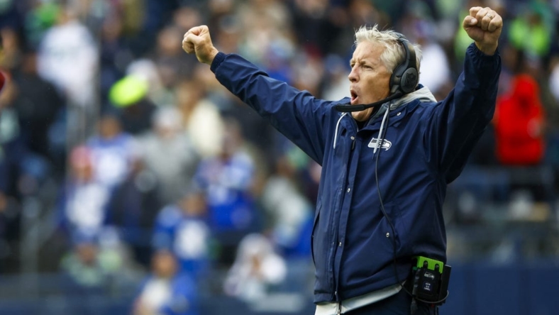 Oct 30, 2022; Seattle, Washington, USA; Seattle Seahawks head coach Pete Carroll celebrates following a touchdown against the New York Giants during the fourth quarter at Lumen Field. Mandatory Credit: Joe Nicholson-USA TODAY Sports