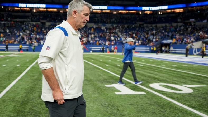 Indianapolis Colts head coach Frank Reich walks off the field after losing to the Washington Commanders 17-16 on Sunday, Oct. 30, 2022, during a game against the Washington Commanders at Indianapolis Colts at Lucas Oil Stadium in Indianapolis.