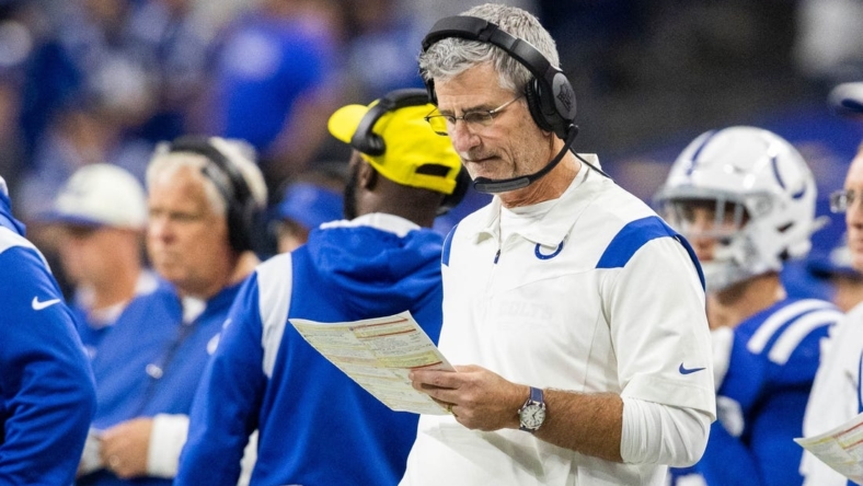 Oct 30, 2022; Indianapolis, Indiana, USA; Indianapolis Colts head coach Frank Reich on the sideline in the second half against the Washington Commanders at Lucas Oil Stadium. Mandatory Credit: Trevor Ruszkowski-USA TODAY Sports