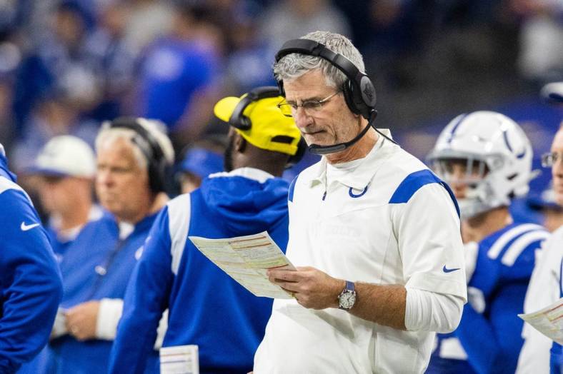 Oct 30, 2022; Indianapolis, Indiana, USA; Indianapolis Colts head coach Frank Reich on the sideline in the second half against the Washington Commanders at Lucas Oil Stadium. Mandatory Credit: Trevor Ruszkowski-USA TODAY Sports