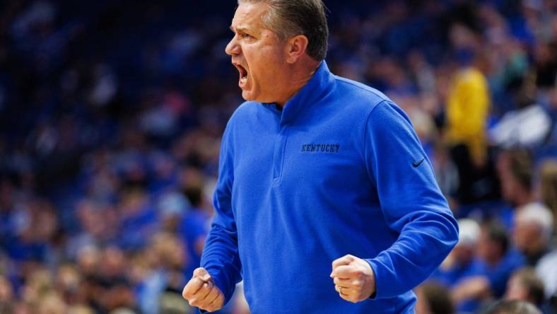 Oct 30, 2022; Lexington, Kentucky, USA; Kentucky Wildcats head coach John Calipari yells across the court during the first half against the Missouri Western State Griffons at Rupp Arena at Central Bank Center. Mandatory Credit: Jordan Prather-USA TODAY Sports