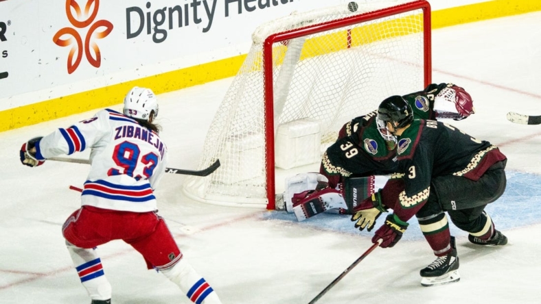Oct 30, 2022; Tempe, Arizona, USA; New York Rangers forward Mika Zibanejad (93) scores against the Arizona Coyotes during the third period at Mullett Arena. Mandatory Credit: Allan Henry-USA TODAY Sports