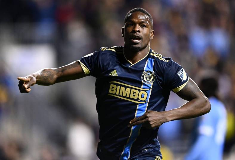 Oct 30, 2022; Philadelphia, Pennsylvania, USA; Philadelphia Union forward Cory Burke (19) reacts after scoring a goal against the New York City FC in the second half for the conference finals for the Audi 2022 MLS Cup Playoffs. Mandatory Credit: Mandatory Credit: Kyle Ross-USA TODAY Sports