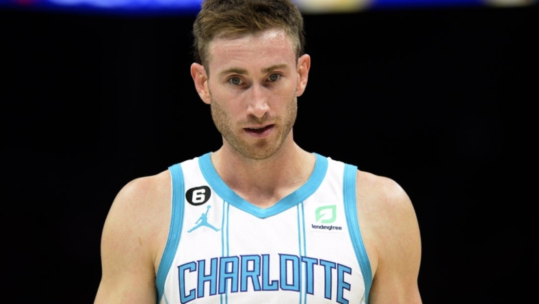 Oct 31, 2022; Charlotte, North Carolina, USA; Charlotte Hornets forward Gordon Hayward (20) looks on during a time out in the first half against the Sacramento Kings at the Spectrum Center. Mandatory Credit: Sam Sharpe-USA TODAY Sports