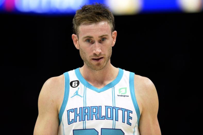 Oct 31, 2022; Charlotte, North Carolina, USA; Charlotte Hornets forward Gordon Hayward (20) looks on during a time out in the first half against the Sacramento Kings at the Spectrum Center. Mandatory Credit: Sam Sharpe-USA TODAY Sports