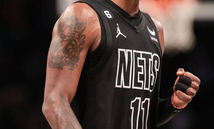 Oct 31, 2022; Brooklyn, New York, USA; Brooklyn Nets guard Kyrie Irving (11) reacts during the second half against the Indiana Pacers at Barclays Center. Mandatory Credit: Vincent Carchietta-USA TODAY Sports