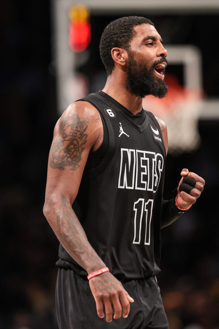 Oct 31, 2022; Brooklyn, New York, USA; Brooklyn Nets guard Kyrie Irving (11) reacts during the second half against the Indiana Pacers at Barclays Center. Mandatory Credit: Vincent Carchietta-USA TODAY Sports
