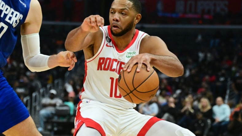 Oct 31, 2022; Los Angeles, California, USA; Houston Rockets guard Eric Gordon (10) control the ball in the second half against the LA Clippers at Crypto.com Arena. Mandatory Credit: Richard Mackson-USA TODAY Sports