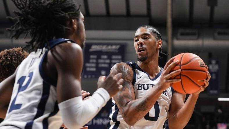 Butler Bulldogs forward D.J. Hughes (0) prepares to pass the ball Tuesday, Nov. 1, 2022, at Hinkle Fieldhouse in Indianapolis. The Butler Bulldogs defeat the Davenport Panthers, 91-55, in the preseason scrimmage.

Ncaa Basketball Butler Basketball Vs Davenport Exhibition Davenport At Butler Bulldogs