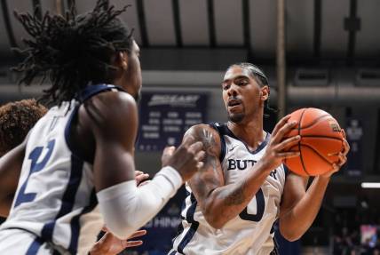 Butler Bulldogs forward D.J. Hughes (0) prepares to pass the ball Tuesday, Nov. 1, 2022, at Hinkle Fieldhouse in Indianapolis. The Butler Bulldogs defeat the Davenport Panthers, 91-55, in the preseason scrimmage.

Ncaa Basketball Butler Basketball Vs Davenport Exhibition Davenport At Butler Bulldogs