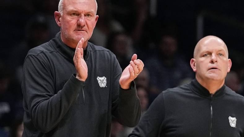 Butler Bulldogs head coach Thad Matta claps from the sidelines Tuesday, Nov. 1, 2022, at Hinkle Fieldhouse in Indianapolis. The Butler Bulldogs defeat the Davenport Panthers, 91-55, in the preseason scrimmage.

Ncaa Basketball Butler Basketball Vs Davenport Exhibition Davenport At Butler Bulldogs