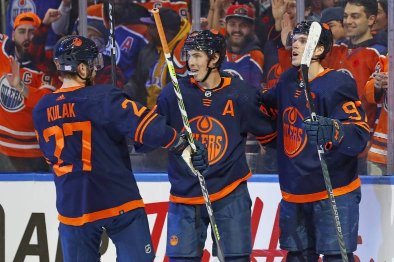Nov 1, 2022; Edmonton, Alberta, CAN; The Edmonton Oilers celebrate a goal scored by forward Connor McDavid (97) during the first period against the Nashville Predators at Rogers Place. Mandatory Credit: Perry Nelson-USA TODAY Sports