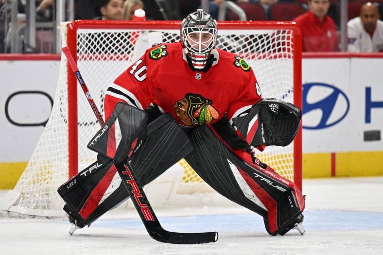 Nov 1, 2022; Chicago, Illinois, USA;  Chicago Blackhawks goaltender Arvid Soderblom (40) defends the net in the second period against the New York Islanders at the United Center. Mandatory Credit: Jamie Sabau-USA TODAY Sports