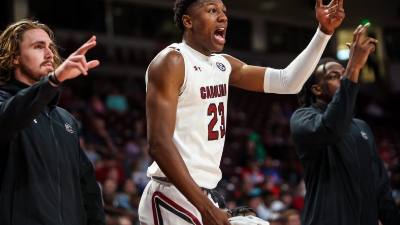 Nov 2, 2022; Columbia, South Carolina, US; South Carolina Gamecocks forward Gregory "GG" Jackson II (23) cheers a teammate during the game against the Mars Hill Lions in the second half at Colonial Life Arena. Mandatory Credit: Jeff Blake-USA TODAY Sports