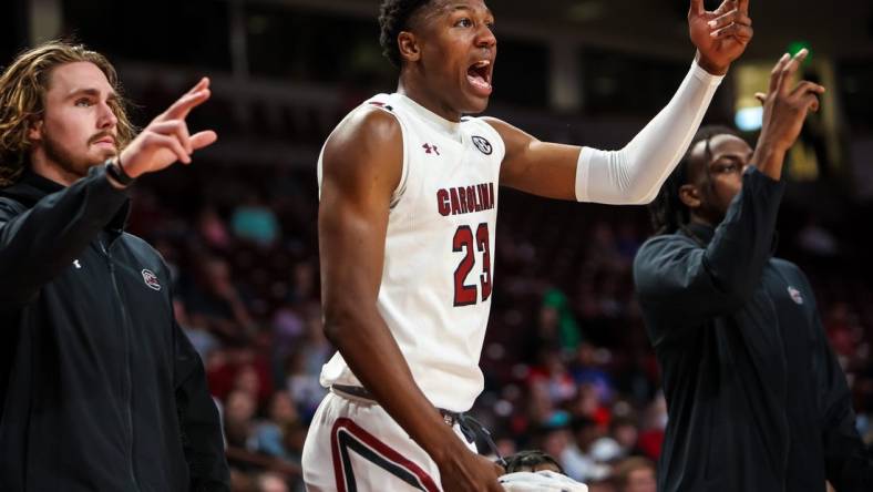 Nov 2, 2022; Columbia, South Carolina, US; South Carolina Gamecocks forward Gregory "GG" Jackson II (23) cheers a teammate during the game against the Mars Hill Lions in the second half at Colonial Life Arena. Mandatory Credit: Jeff Blake-USA TODAY Sports