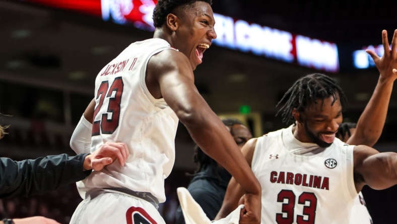 Nov 2, 2022; Columbia, South Carolina, US; South Carolina Gamecocks forward Gregory "GG" Jackson II (23) cheers a teammate during the second half against the Mars Hill Lions at Colonial Life Arena. Mandatory Credit: Jeff Blake-USA TODAY Sports